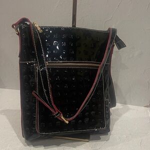 Arcadia Black Patent Crossbody Bag with Red Trim